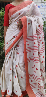 BongAp Self Design Handloom Cotton Blend Saree(White)