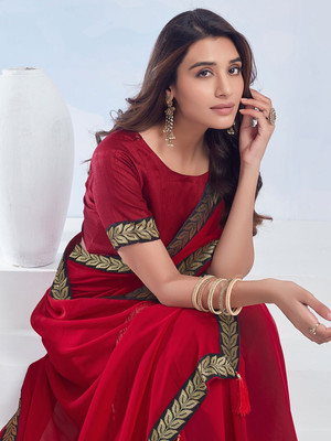 Falcan Enterprise Solid/Plain Bollywood Georgette Saree(Red)