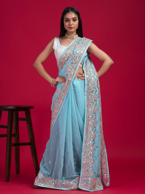 odette Embroidered Saree with Attached Blouse Georgette Saree(Blue)