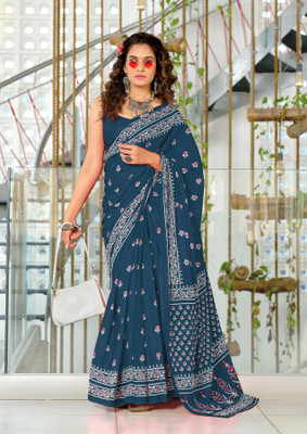 Divastri Blocked Printed, Printed Chanderi Cotton Blend Saree(Blue)