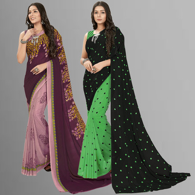 Anand Sarees Printed Daily Wear Georgette Saree(Pack of 2, Multicolor, Purple, Beige)