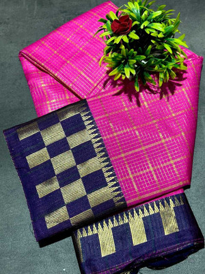 JbWorld Self Design, Woven, Checkered Chettinadu Cotton Silk, Pure Silk Saree(Pink, Blue)