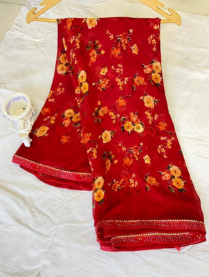 TEN R Floral Print Bollywood Georgette Saree(Red)