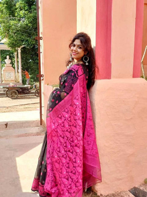 binita Self Design Jamdani Cotton Silk Saree(Pink)