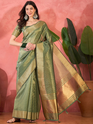 ShopGlobal Woven Banarasi Khadi Saree(Green)