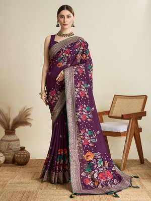 Yogik Creation Floral Print, Embroidered Banarasi Cotton Blend Saree(Purple)