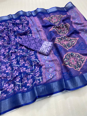 2SD gratitude Solid/Plain, Self Design, Digital Print, Printed Daily Wear Linen, Cotton Linen Saree(Blue)