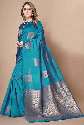 Om Creation Self Design Chanderi Polyester Saree(Blue)