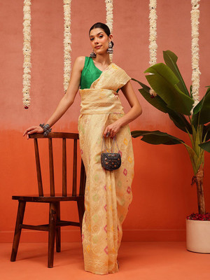 SILK ZONE Woven Jamdani Cotton Blend Saree(Yellow)