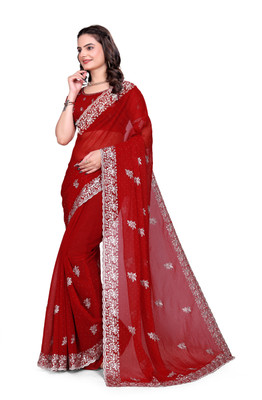 Mikhushop Embroidered Bollywood Silk Blend Saree(Red)