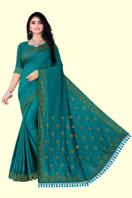 rudraCreation Solid/Plain Banarasi Georgette, Chanderi Saree(Dark Green)