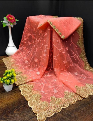 Zenomics Embroidered Bollywood Net Saree(Orange)