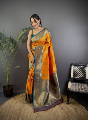 LeeliPeeri Designer Printed Banarasi Cotton Silk Saree(Orange)