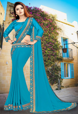 HNC Retail Temple Border, Solid/Plain Bollywood Lycra Blend, Chiffon Saree(Light Blue)