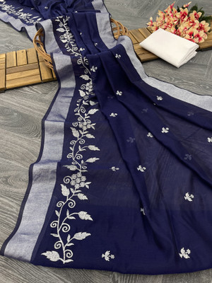 GLOWMOROUS Embroidered Chanderi Chanderi Saree(Dark Blue)