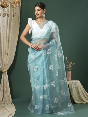 Sareemall Embroidered Bollywood Organza Saree(Light Blue)