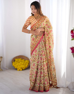 Tasrika Floral Print, Woven, Embellished Kalamkari Linen Saree(Pink, Beige)