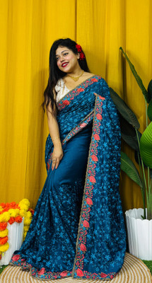 Dona Sharee Embroidered Bollywood Silk Blend Saree(Light Blue)