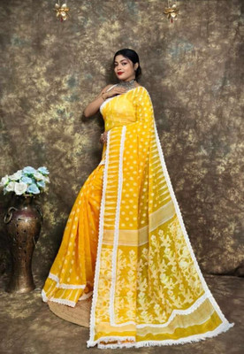 Hiya saree And Punjabi house Printed Jamdani Cotton Blend Saree(Yellow)