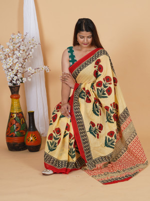 LOVWEAR Blocked Printed, Floral Print, Geometric Print, Printed, Hand Painted Ikkat Mulmul Saree(Cream)