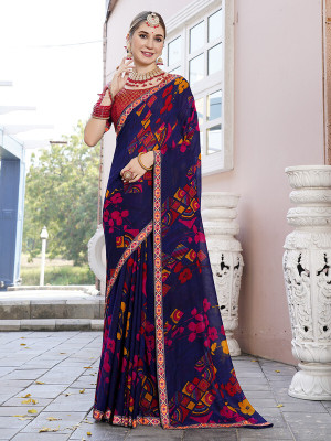 Divastri Printed Bollywood Georgette Saree(Dark Blue)
