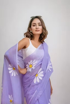 PRANJAL ART Floral Print Bollywood Cotton Linen Saree(Purple)