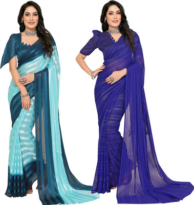 kashvi sarees Striped Bollywood Satin Saree(Pack of 2, Dark Blue, Light Blue, Blue)