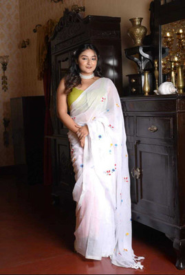 DRAPERIA Embroidered Handloom Pure Cotton Saree(White)