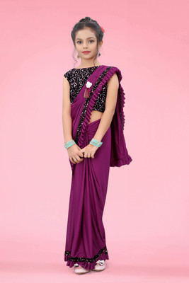 Shrithi Fashion Fab Solid/Plain Bollywood Lycra Blend Saree(Purple)