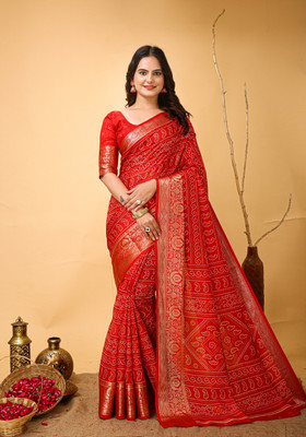 Varda Woven, Self Design Bandhani Cotton Silk Saree(Dark Blue)