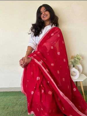 Joyguru Textile Self Design Handloom Pure Cotton Saree(Red)