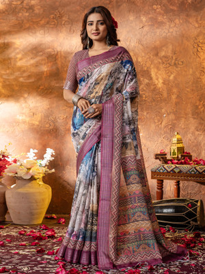 Sareemall Printed Hand Batik Linen Saree(Multicolor)