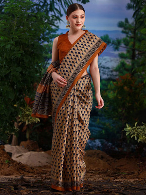 Anouk Rustic Printed Daily Wear Silk Blend Saree(Cream)