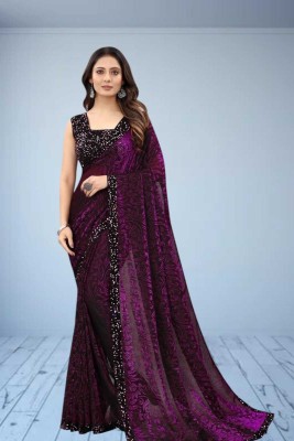 Janvi Boutique Self Design Bollywood Net Saree(Pack of 2, Purple)