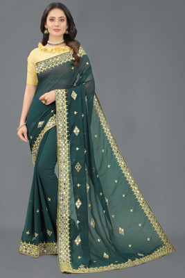 NFL NQUEEN Embellished Bollywood Georgette Saree(Dark Green)