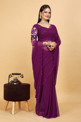 SAADHYA CREATION Embroidered, Solid/Plain Bollywood Georgette Saree(Purple)