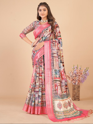 Divastri Printed Daily Wear Linen Saree(Pink)