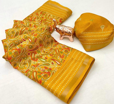 Stylezone Printed Kalamkari Muslin Saree(Yellow)