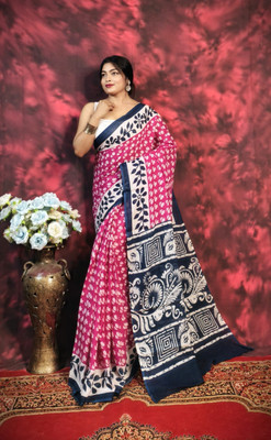 SARATHITEXTILE Color Block Hand Batik Cotton Blend Saree(Pink)