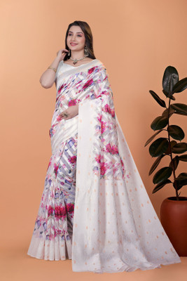 RASIFASHION Floral Print Chanderi Chanderi, Cotton Jute Saree(White)