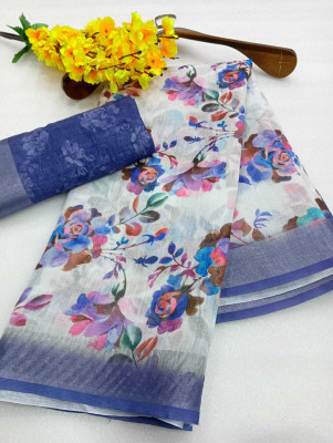 Saaransh Floral Print Kanjivaram Linen, Cotton Silk Saree(Multicolor)
