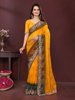 sareya veela Printed Bandhani Georgette Saree(Yellow)