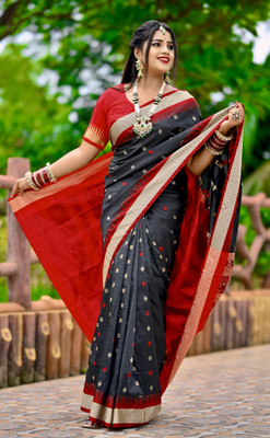 Zahidandsons Temple Border Sambalpuri Silk Blend Saree(Black)