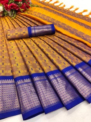 SSP TEX Woven Kanjivaram Silk Blend, Art Silk Saree(Yellow, Blue)