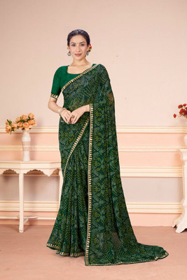 rudraCreation Printed Bandhani Georgette Saree(Green)