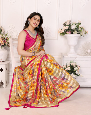 YASHIKA Printed Bollywood Georgette, Lace Saree(Yellow)