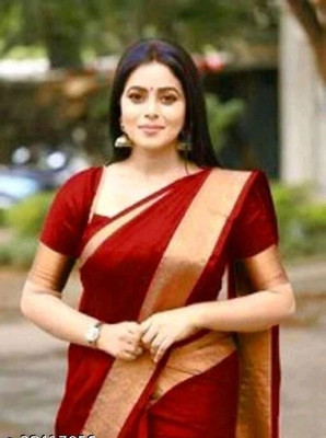 ROFOLO Striped, Solid/Plain Bollywood Cotton Silk Saree(Red)