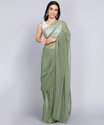 AKFABRICS Solid/Plain Bollywood Lycra Blend Saree(Green)