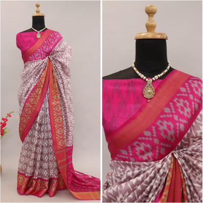 Kjs Printed Bhagalpuri Cotton Silk Saree(Cream)