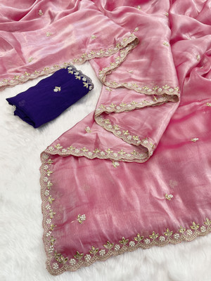 KanjiQueen Self Design, Embellished, Embroidered Saree with Attached Blouse Chiffon, Jimmy choo Saree(Pink, Purple)